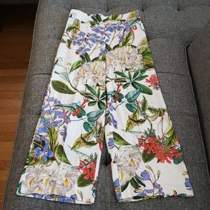 Zara Botanical Print Wide Leg Pants White S